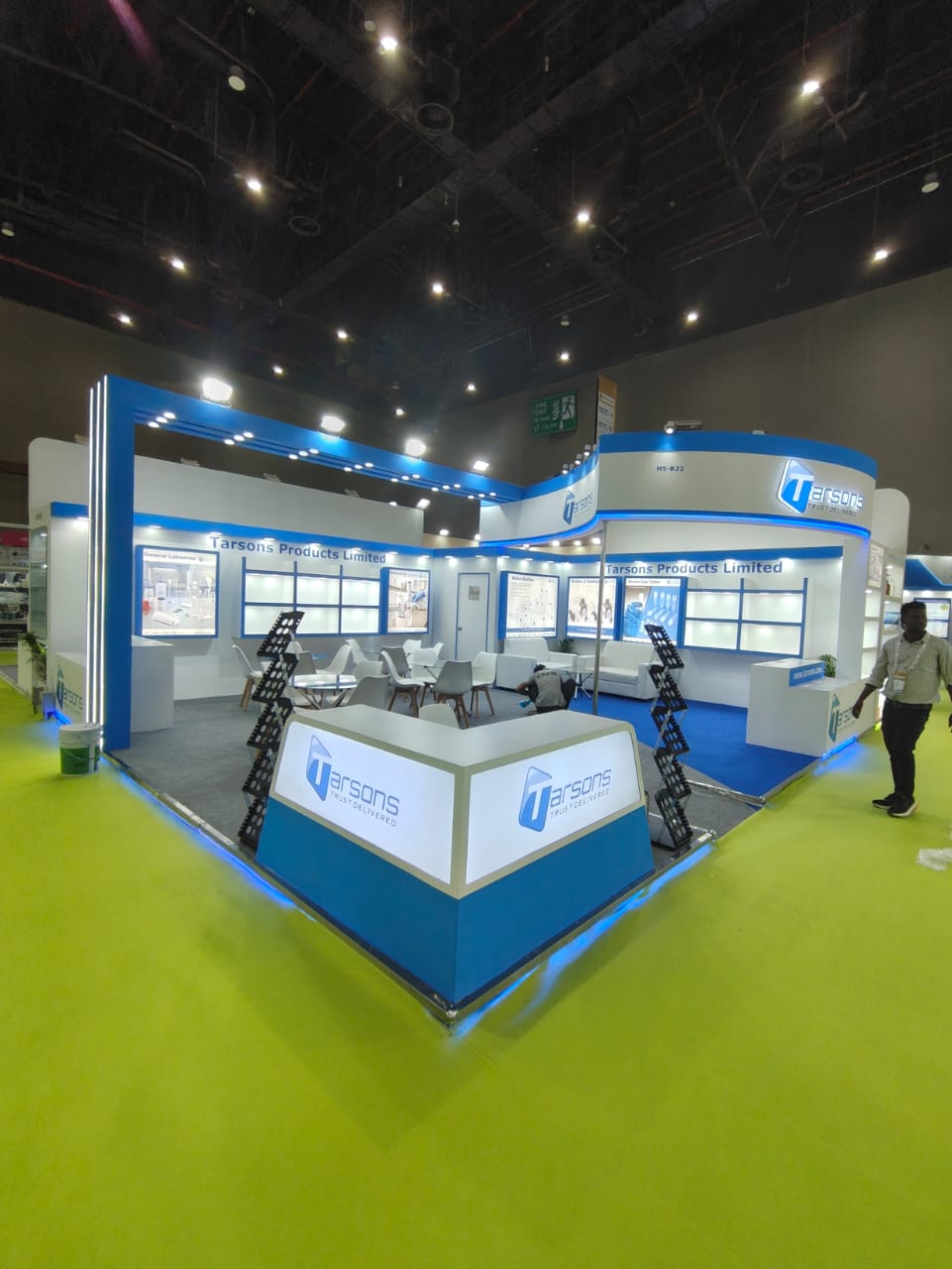 Tarsons stall reception desk and blue illuminated frame